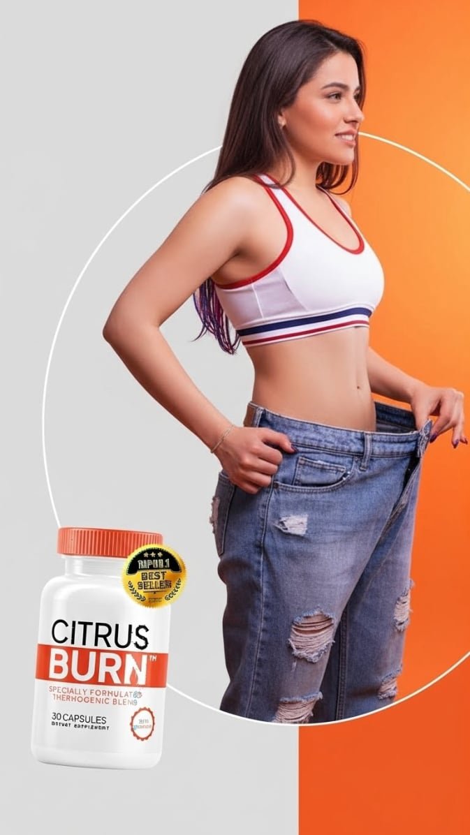 Fit woman wearing oversized jeans to show weight loss progress next to a CitrusBurn supplement bottle.